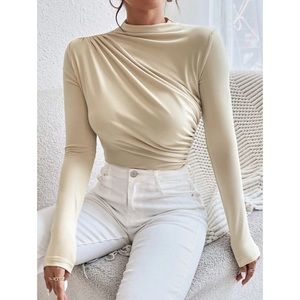 Beige ruched long sleeve bodysuit, L, NWOT